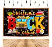 Back to School Banner First Day of School Backdrop Sign Apple Pencil Yellow Bus Decor Students Classroom Decorations for Home Party