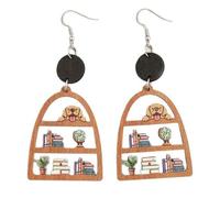 Back-to-School Bookshelf Earrings - Wooden Bookcase Design with Cat & Dog Motifs, Wood, No Gemstone