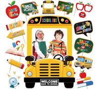 Back to School Decorations, 16Pcs Back to School Photo Props with First Day of School Decorations Bus Photo Booth Frame