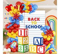Back To School Decorations, Back To School Balloon Arch Kit with Notebook Paper Backdrop Apple Pencil Bag Foil Balloons ABC Boxes for First Day of School Kindergarten Preschool Party Supplies