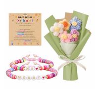 Back to School Gifts, First Day of School Gift Set Mother Daughter Bracelets with Crochet Flower Bouquet Matching Bracelets Adjustable Bead Cross Bracelet Knitted Flowers Christmas Birthday Jewelry
