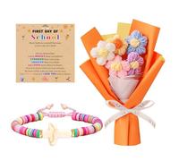 Back to School Gifts, First Day of School Gift Set Mother Daughter Bracelets with Crochet Flower Bouquet Matching Bracelets Adjustable Bead Cross Bracelet Knitted Flowers Christmas Birthday Jewelry