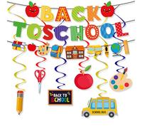 Back to School Hanging Swirls Decoration, Colorful Ruler Pencil School Bus Stationery Foil Swirls Ceiling Decor, Back to School Banner for Celebrating Classroom Homecoming Return Party Supplies