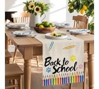 Back to School Paw Print Table Runner 120 Inches Long, Retro Pencil on Linen Washable Table Runners Heat-Insulation Kitchen Dining Table Decorations for Home Party Decor 13x120in