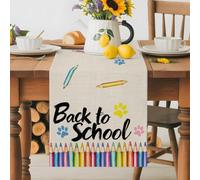 Back to School Paw Print Table Runner 36 Inches Long, Retro Pencil on Linen Washable Table Runners Heat-Insulation Kitchen Dining Table Decorations for Home Party Decor 13x36in