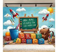 Back to School Photography Background Chalkboard ABC Blocks Books and Crayon Sun Clouds Classroom Backdrop Children's Room Interior Decor Banner Teaching Online Teacher Welcome Backdrop (A, 8x6feet)