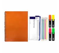 Back to School Stationery Set - A4 Notebooks Bright Colour Orange Cardboard Cover Twin-Wire Bound - Neon Highlighters, HB Pencils & Pencils Case - for Study, Project, Assignment & Everyday Notes