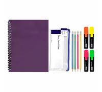 Back to School Stationery Set - A4 Notebooks Twin-Wire Bound with Bright Colour Cardboard Covers - Neon Highlighters, HB Pencils & Pencil Case - for Study, Project & Everyday Notes (Purple)