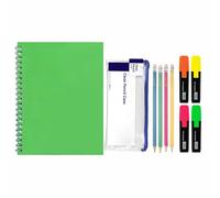 Back to School Stationery Set - A4 Notebooks Twin-Wire Bound with Bright Colour Cardboard Covers - Neon Highlighters, HB Pencils & Pencil Case - for Study, Project & Everyday Notes (Green)