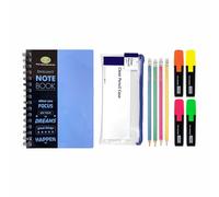 Back to School Stationery Set - A4 Twin-Wire Notebooks with Premium Blue Poly Covers, Neon Colour Highlighters, HB Pencils & Pencil Case - Study Gift Pack for Assignments, Projects & Daily Use