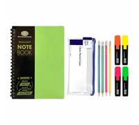 Back to School Stationery Set - A4 Twin-Wire Notebooks with Premium Green Poly Covers, Neon Highlighters, HB Pencils & Pencil Case - Gift for Study, Assignments, Projects & Daily Use