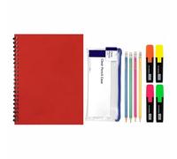 Back to School Stationery Set - A4 Twin-Wire Notebooks with Premium Red Cardboard Covers, Neon Highlighters, HB Pencils & Pencil Case - Ideal for Study, Assignments, Projects & Daily Use
