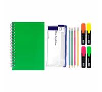 Back to School Stationery Set - A5 Twin-Wire Notebooks with Bright Green Cardboard Covers, Neon Highlighters, HB Pencils & Pencil Case - Perfect for Assignment, Homework, Projects, Study & Daily Use