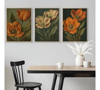 BACK TO VINTAGE Set of 3 Bold Tulip Blooms with Leaves - A5 A4 A3 Art Posters Wall Art Modern Painting Prints for Home Office or Workspace Interior Decoration (A3 (420x297mm), High-resolution paper)