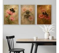 BACK TO VINTAGE Set of 3 Bumblebee Feeding On A Soft Pink Flower - A4 Poster Art Print Wall Art Home Decor Coordinated Design Trio for Stylish and Harmonious Interior Wall Display