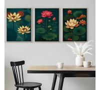 BACK TO VINTAGE Set of 3 Paintings of Pink and White Lilies on a Deep Lake - A5 A4 A3 Art Posters Wall Art Modern Painting Prints for Home Office (A4 (297x210mm), High-resolution paper)