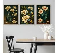BACK TO VINTAGE Set of 3 White Magnolia Flower Arrangements in Vases - A5 A4 A3 Art Posters Wall Art Modern Painting Prints for Home Office (A5 (210x148mm), High-resolution paper)
