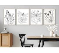 BACK TO VINTAGE Set of 4 Monochrome Bouquets with Butterflies and Dragonflies - A5 A4 A3 Art Posters Wall Art Modern Painting Prints for Home Office (A3 (420x297mm), High-resolution paper)