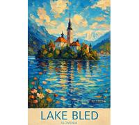 BACK TO VINTAGE Vibrant Impressionist Painting of Lake Bled with Church - A4 Travel City Poster Wall Art Home Decor Art Print with Iconic Landmarks and Global Views for Culture Inspired