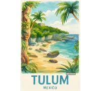 BACK TO VINTAGE Watercolor Coastal Scene Featuring Tulum Mexico's Tropical Paradise - A4 Travel City Poster Wall Art Home Decor Art Print with Iconic Landmarks and Global Views for Culture Inspired