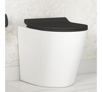 Back to Wall Rimless Toilet Pan with Concealed Cistern Gloss White Ceramic Round Shape with Slim Soft Close Black Seat - Modern Bathroom Look (Cesar)