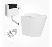 Back to Wall Rimless Toilet Pan with Concealed Cistern Gloss White Ceramic Round Shape with Slim Soft Close Seat - Sleek Bathroom Look (Cesar)