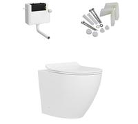 Back to Wall Rimless Toilet Pan with Concealed Cistern Gloss White Ceramic Round Shape with Slim Soft Close Seat - Contemporary Bathroom Style (Elva)