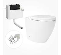 Back to Wall Rimless Toilet Pan with Concealed Cistern Gloss White Ceramic Round Shape with Soft Close Seat - Elegant Bathroom Setup (Elva)