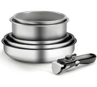 Backen 199906. 6-Piece cookware Set. 3 Non-Stick Frying Pans. 2 saucepans. 1 Removable Handle. Stainless Steel. Induction. Dishwasher Safe. 5-Year Warranty.