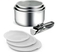 Backen 291107. 7-piece Stainless Steel Saucepan Set 16, 18, 20cm. Induction. 1 Removable Handle. 3 airtight lids. Stackable. Dishwasher Safe. Versatile. Space-Saving. 5-Year Warranty.