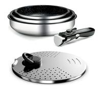 Backen 291505. 3-Piece pan Set 20-24-26cm. Induction. 1 Multi-Position lid. Stainless Steel. Non-Stick Coating. Stackable. Dishwasher Safe. Space Saving. 5-Year Warranty.