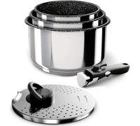 Backen 391505. 5-Piece Stainless Steel cookware Set. 16, 18, 20cm pots. Induction. 1 Removable Handle. 1 Multi-Position Metal lid. Dishwasher Safe. Non-Stick Coating. 5-Year Warranty.