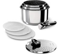 Backen 391508. Saucepans 16,18,20cm. Stainless Steel. 8 Pieces. Induction. 1 Removable Handle. 1 Multi-Position Metal lid. 3 airtight lids. Dishwasher Safe. Non-Stick Coating. 5-Year Warranty.