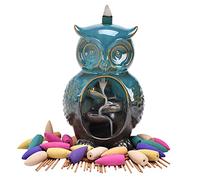 Backflow Incense Burner, Cute Owl Ceramic Backflow Incense Holder Cone Stick Holder for Home Decor Gift, 20pcs Cones+30 Sticks+1 Tweezer+1 Mat