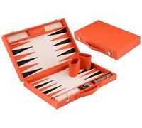 Engelhart-250564 - Backgammon 15 Inch (38.6 cm) Luxury Orange Faux Leather Case - Inlaid Board - Open 47.4 × 38.6 cm - Black/Orange Pieces - Dice & Cups - Classic Board Game
