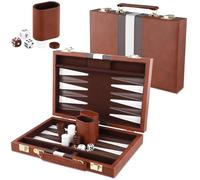 Backgammon Set 2 players Age 15+, Classic Board Games with Leather Case, Portable Travel Backgammon Game Sets for Adults and Kids, Travel Board Games, Grey (11 inch, Brown)