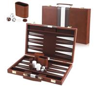 Backgammon Set 2 players, Classic Board Games with Leather Case, Portable Travel Backgammon Game Sets for Adults and Kids, Travel Board Games, Grey (15 inch, Brown)