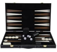 Backgammon Set Deluxe 18 Inch Brown Ivory - Faux Leather Case with Felt Interior, Metal Clasps, Dice, Cups and Checkers 250504