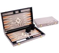 Backgammon Set Deluxe 18 Inch Ebony Wood Veneer Grey - Metal Closure, Pearly Dice, Chips and Wooden Cups Included 250543