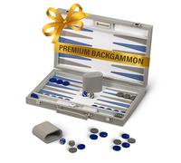 Backgammon Set for Adults, Luxury Premium Leather Backgammon Board Game with PU Leather Case, Acrylic Chips, Dice Shakers - Elegant Grey Backgammon Game Set