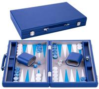 Backgammon Set Luxury 15 Inch Blue - Faux Leather Exterior with Special Felt Inlay, Pearly Dice, Tokens and 2 Tumblers 250521