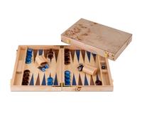 Backgammon Set Luxury 15 Inch Burl Wood Walnut Inlay - Open 48 x 38 cm, Blue Brown Pieces, Dice and Cups 250552