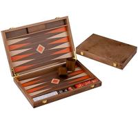 Backgammon Set Luxury 15 Inch Burl Wood Walnut Inlay - Open 48 x 38 cm, Orange White Pieces, Dice and Cups 250548