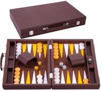 Engelhart - 250520 - Luxury Backgammon Set 15" - faux leather exterior, interior special felt inlay - pearly dice and token - 2 tumblers