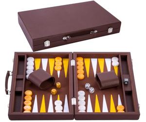 Backgammon Set Luxury 15 Inch - Faux Leather Exterior with Special Felt Inlay, Pearly Dice, Tokens and 2 Tumblers 250520
