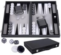 Engelhart - 250506 - Luxury Backgammon - Grey - 38 cm - 15 Inches - Faux Leather - Felt Inlay - Pearl Dice and Chips + 2 Cups - Strategy - Backgammon Game