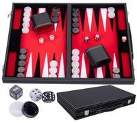 Backgammon Set Luxury 18 Inch Black 45 cm - Faux Leather Case with Felt Inlay, Pearl Dice, Chips and 2 Cups 250510
