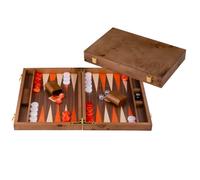 Backgammon Set Luxury 18 Inch Burl Wood Walnut Inlay - Open 52 x 45.5 cm, Orange White Pieces, Dice and Cups 250549