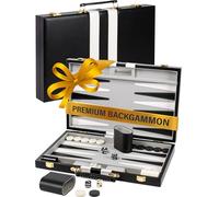 Backgammon Sets for Adults - 15-Inch Black PU Leather Board Game Set - Classic 2-Player Travel Backgammon Set with 32 Playing Pieces, Dice, and Cups
