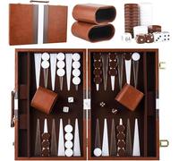 Backgammon Wooden Suitcase, 15 Inches, 2 Players Classic Travel Backgammon Set with High-Quality Leather Case, Portable and with Cube Cup for Campers and Travel Fans